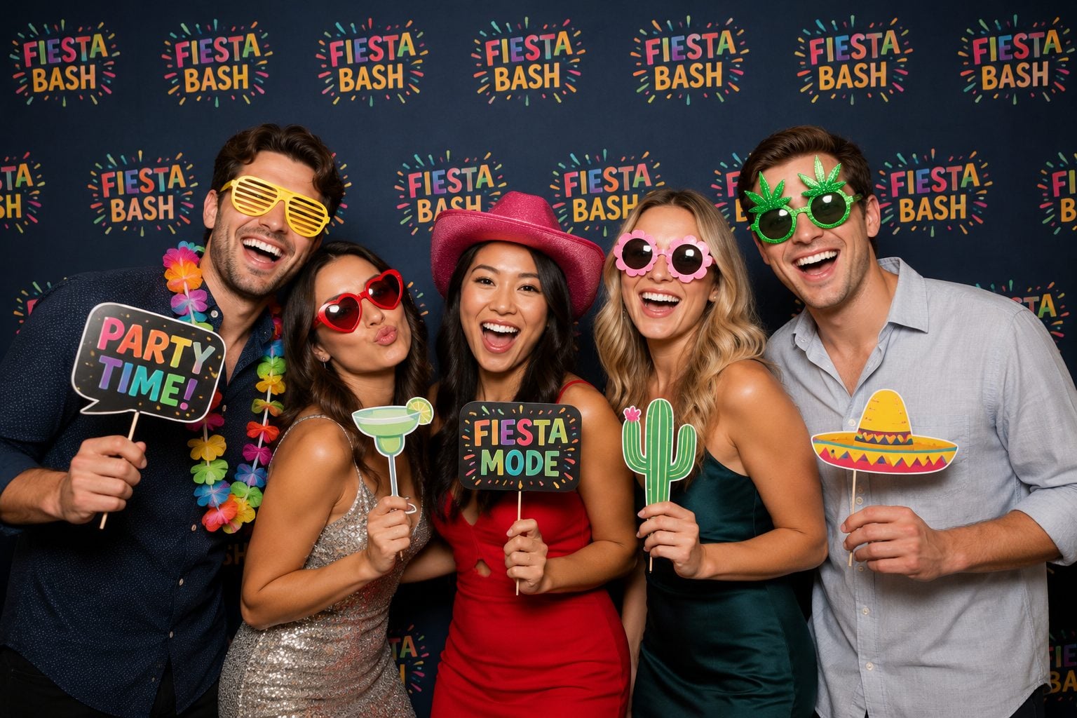 Retractable step and repeat backdrop behind a photo booth at a party