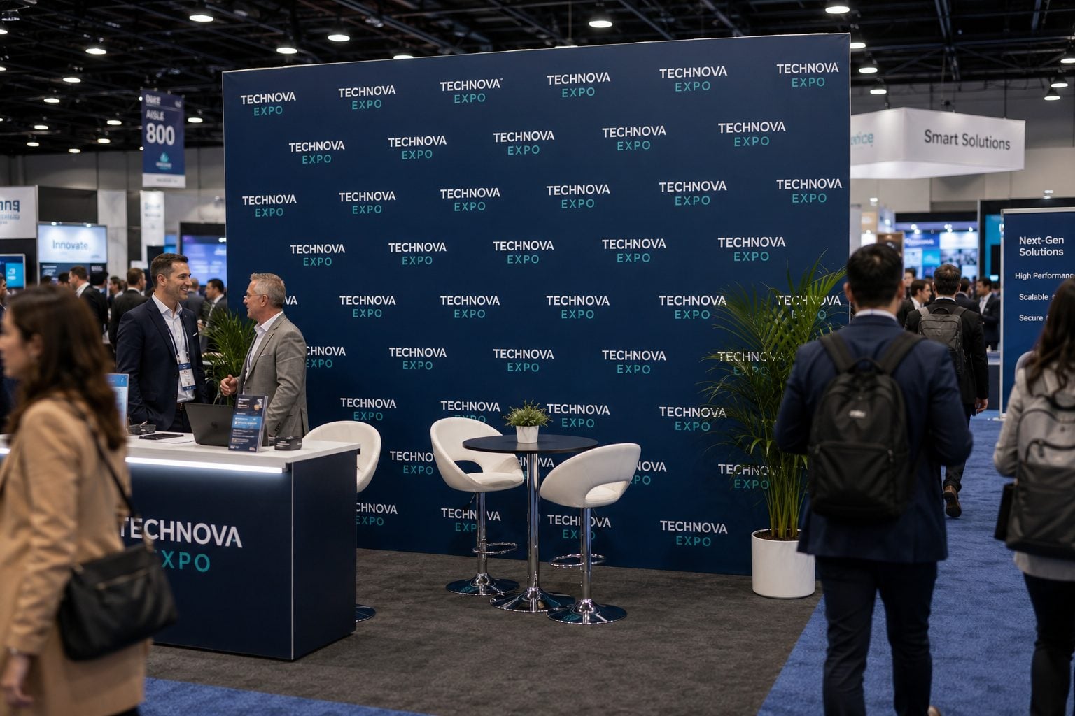 Vinyl step and repeat banner backdrop at a trade show booth