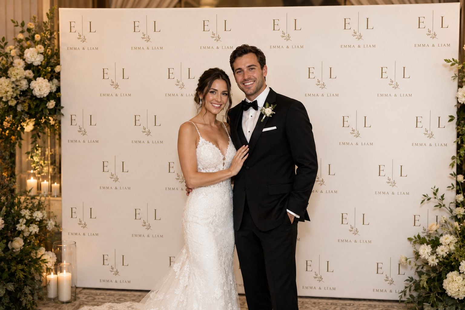 Elegant champagne-gold step and repeat backdrop at an upscale wedding reception